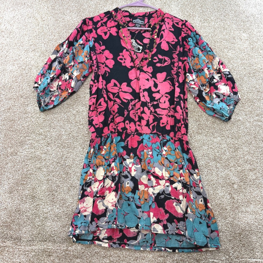 Angie Women Medium Floral V-Neck Mini Dress Pink Blue Black NEW Boho Peasant